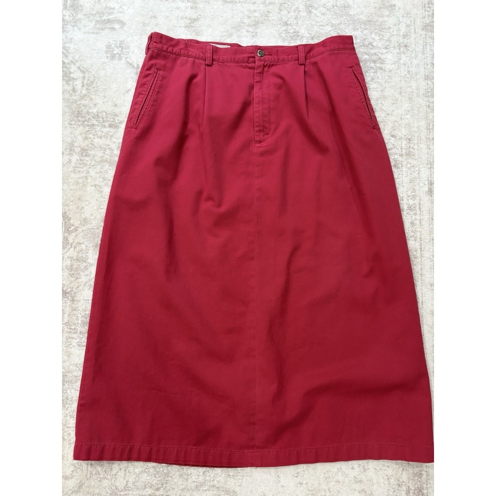 LL Bean Women's Size 18 A-Line Maxi Skirt Red 100% Cotton Twill Pleated Modest